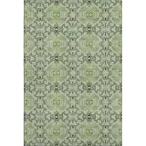 Photo of Artichoke Green Gray And Ivory Medallion Washable Area Rug With UV Protection