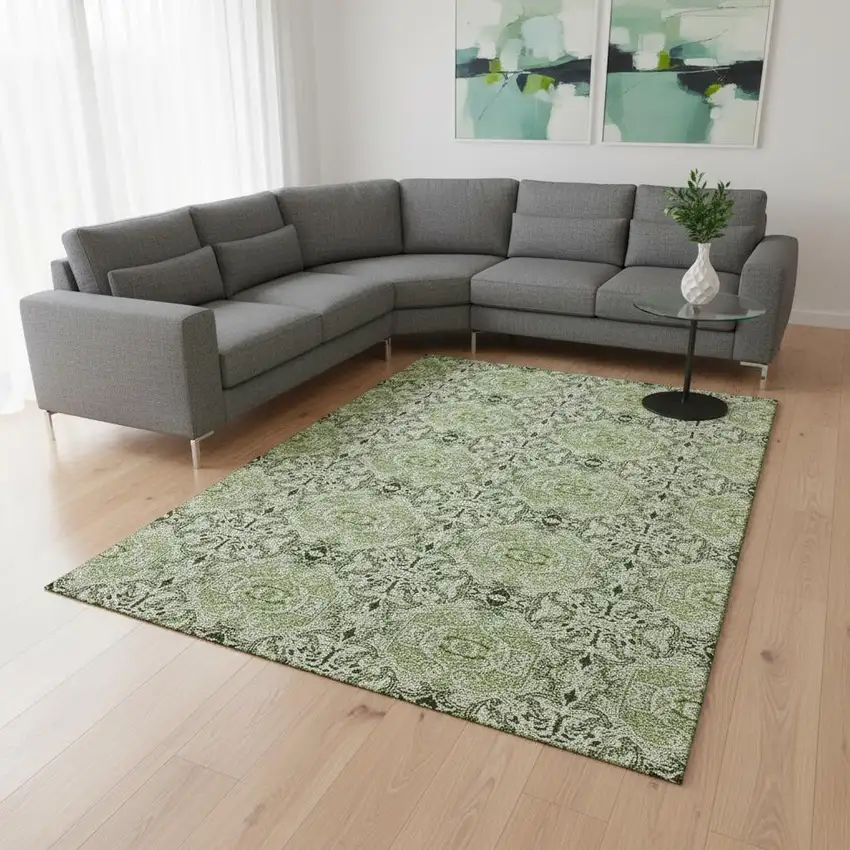 Artichoke Green Gray And Ivory Medallion Washable Area Rug With UV Protection Photo 2
