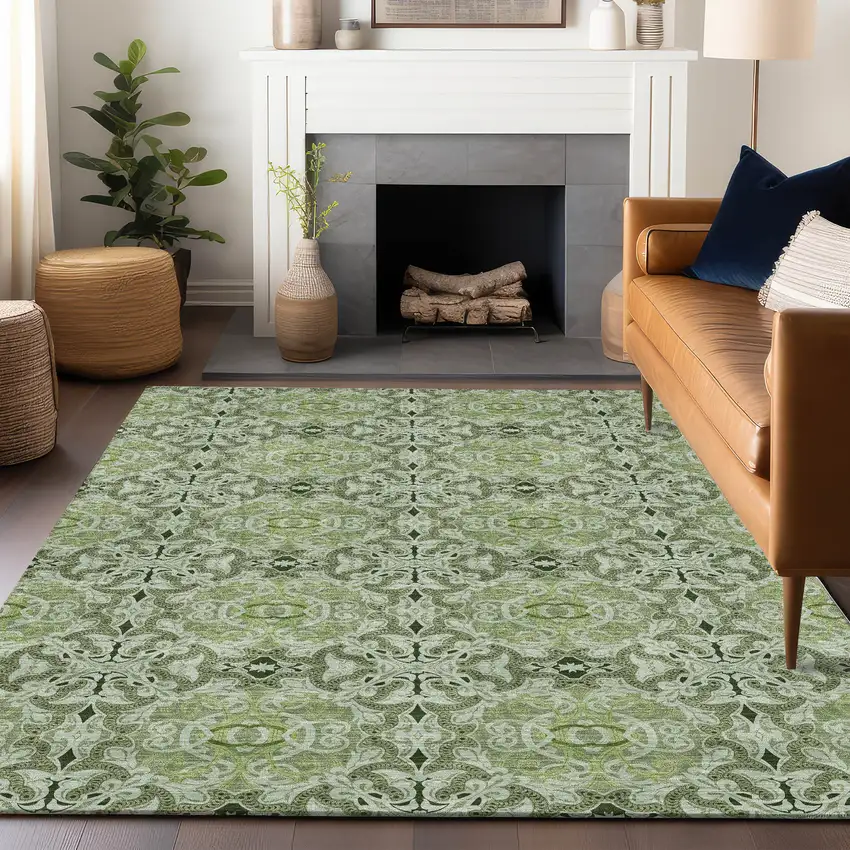 Artichoke Green Gray And Ivory Medallion Washable Area Rug With UV Protection Photo 6