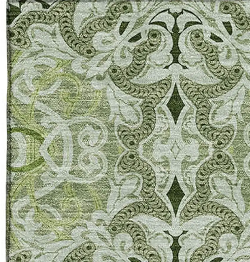 Artichoke Green Gray And Ivory Medallion Washable Area Rug With UV Protection Photo 4