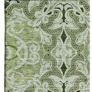Photo of Artichoke Green Gray And Ivory Medallion Washable Area Rug With UV Protection
