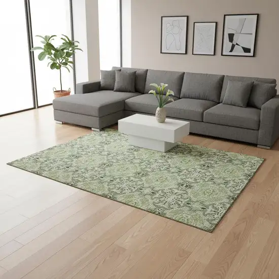 Artichoke Green Gray And Ivory Medallion Washable Area Rug With UV Protection Photo 2
