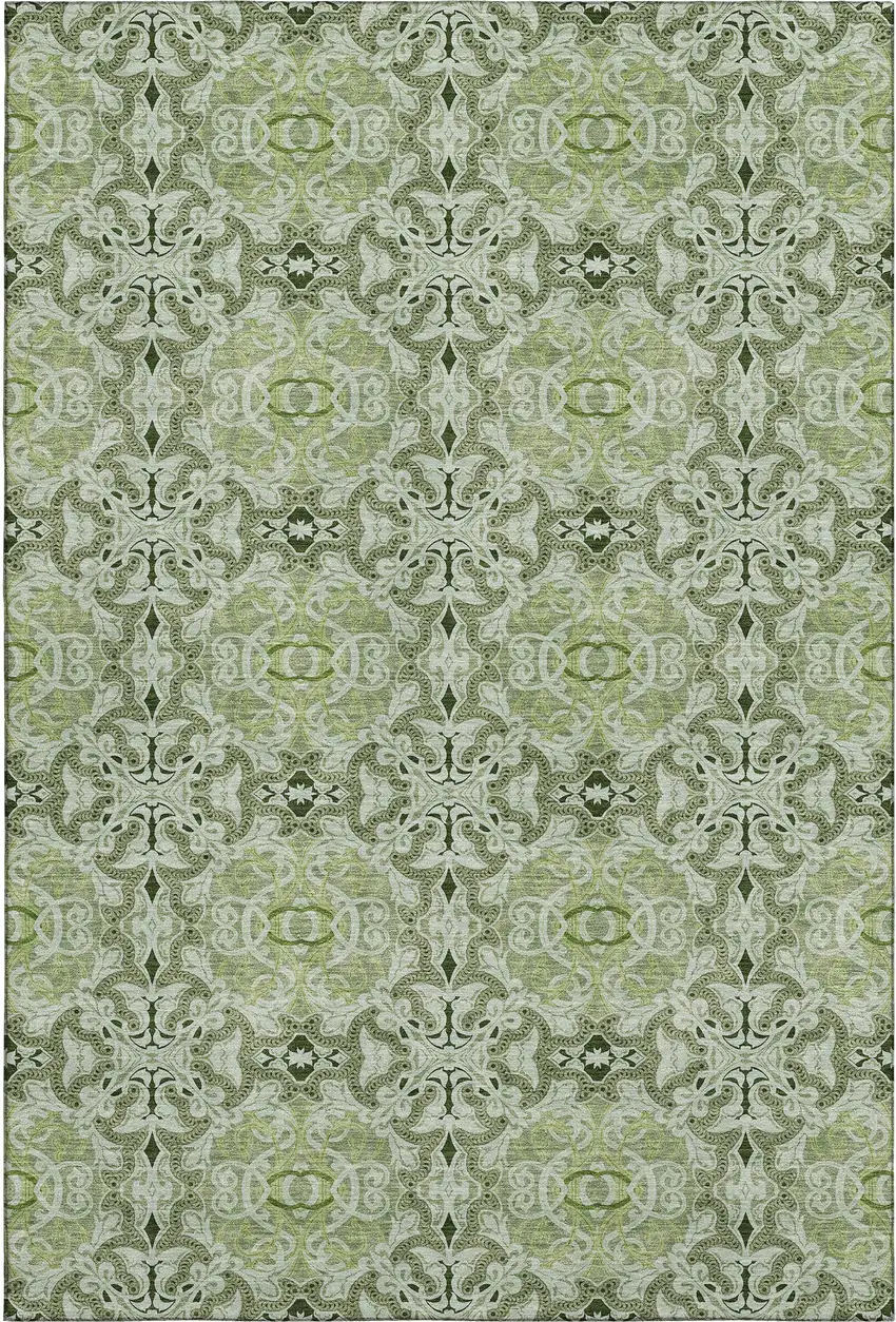 Artichoke Green Gray And Ivory Medallion Washable Area Rug With UV Protection Photo 1