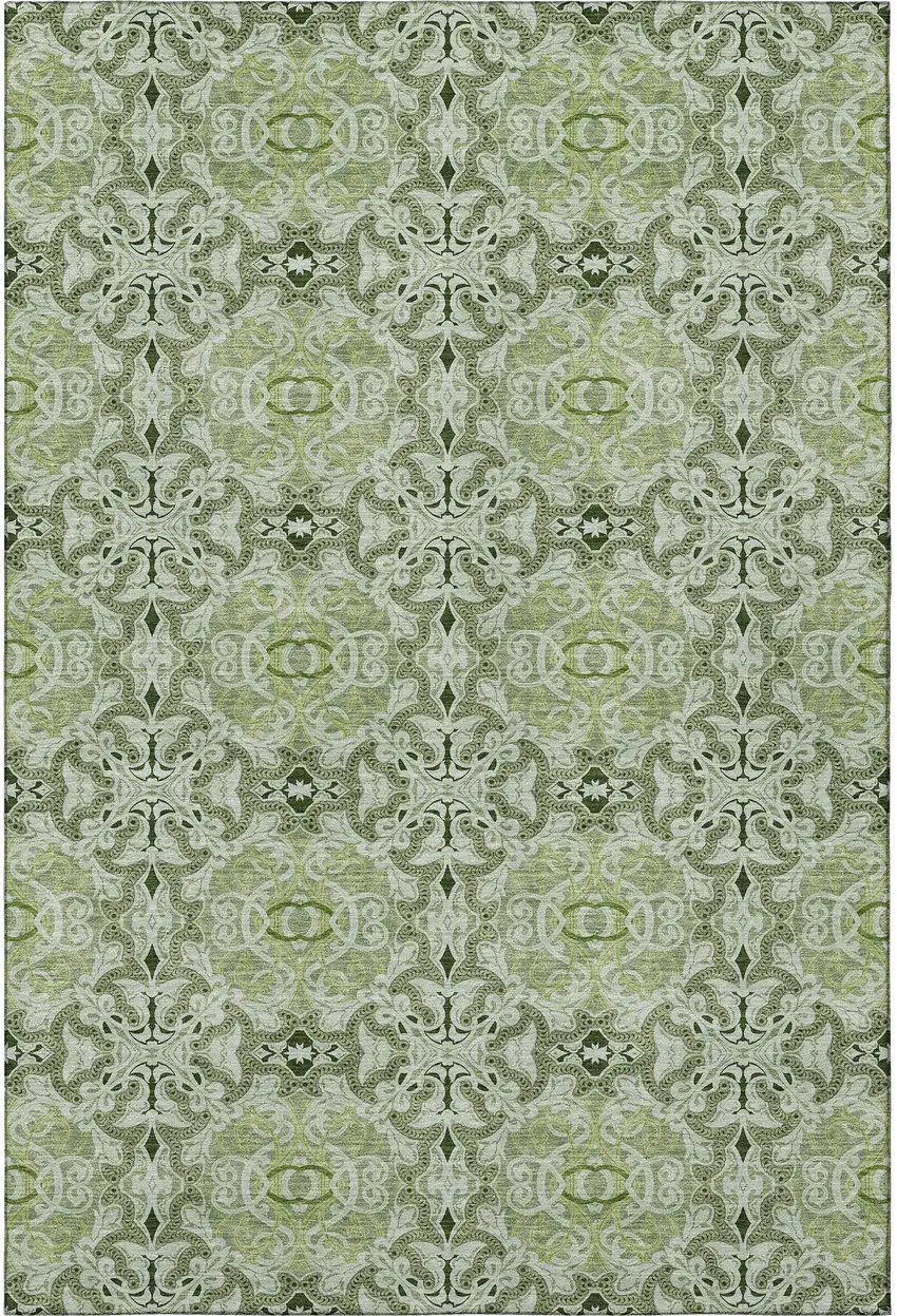 Artichoke Green Gray And Ivory Medallion Washable Area Rug With UV Protection Photo 4