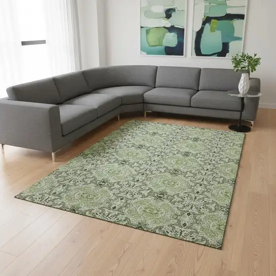 Artichoke Green Gray And Ivory Medallion Washable Area Rug With UV Protection Photo 2