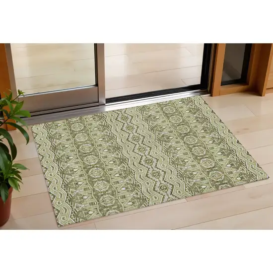 Artichoke Green Gray And Ivory Moroccan Washable Indoor Outdoor Area Rug Photo 1