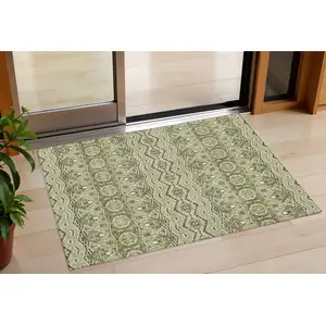 Photo of Artichoke Green Gray And Ivory Moroccan Washable Indoor Outdoor Area Rug