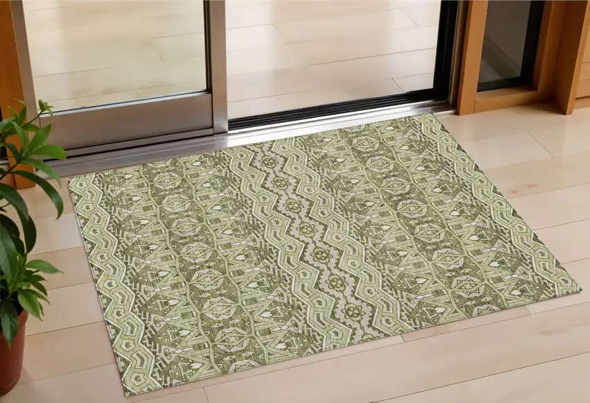 Artichoke Green Gray And Ivory Moroccan Washable Indoor Outdoor Area Rug Photo 1