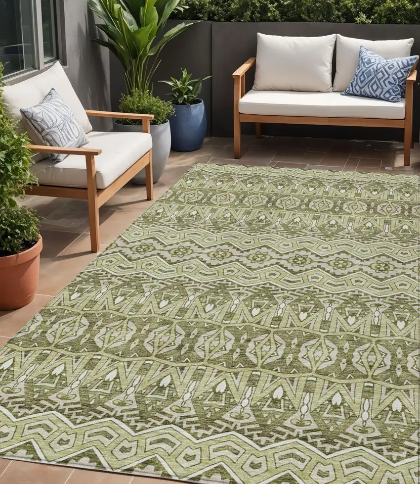 Artichoke Green Gray And Ivory Moroccan Washable Indoor Outdoor Area Rug Photo 1