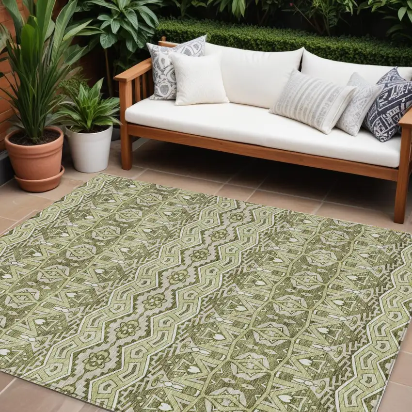 Artichoke Green Gray And Ivory Moroccan Washable Indoor Outdoor Area Rug Photo 1
