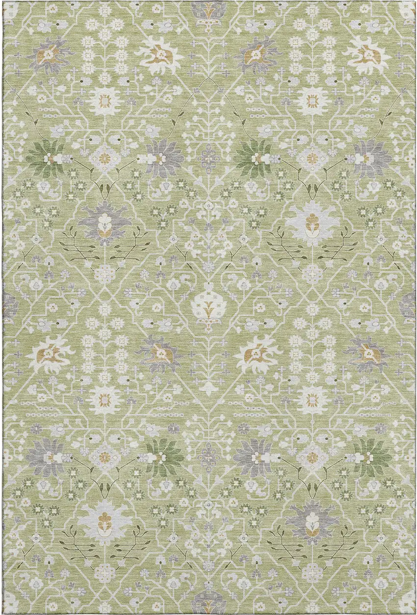 Artichoke Green Gray And Ivory Oriental Washable Area Rug With UV Protection Photo 1