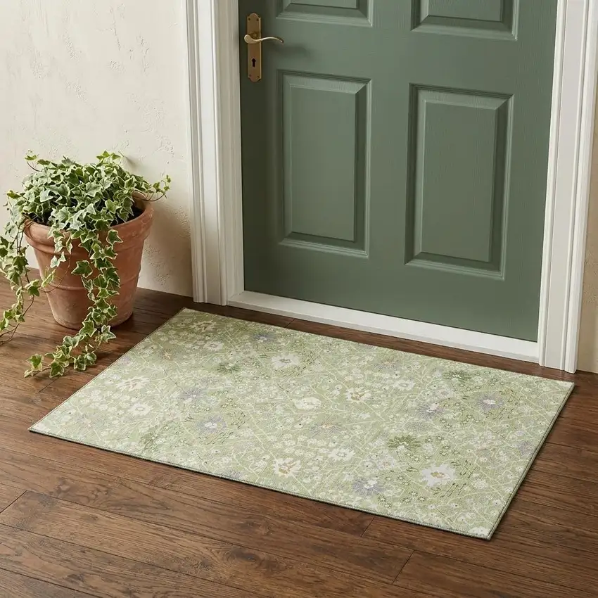 Artichoke Green Gray And Ivory Oriental Washable Area Rug With UV Protection Photo 1