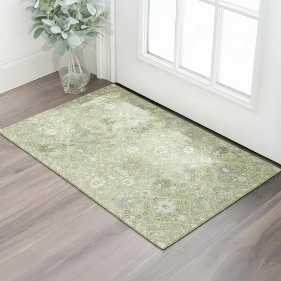 Artichoke Green Gray And Ivory Oriental Washable Area Rug With UV Protection Photo 2