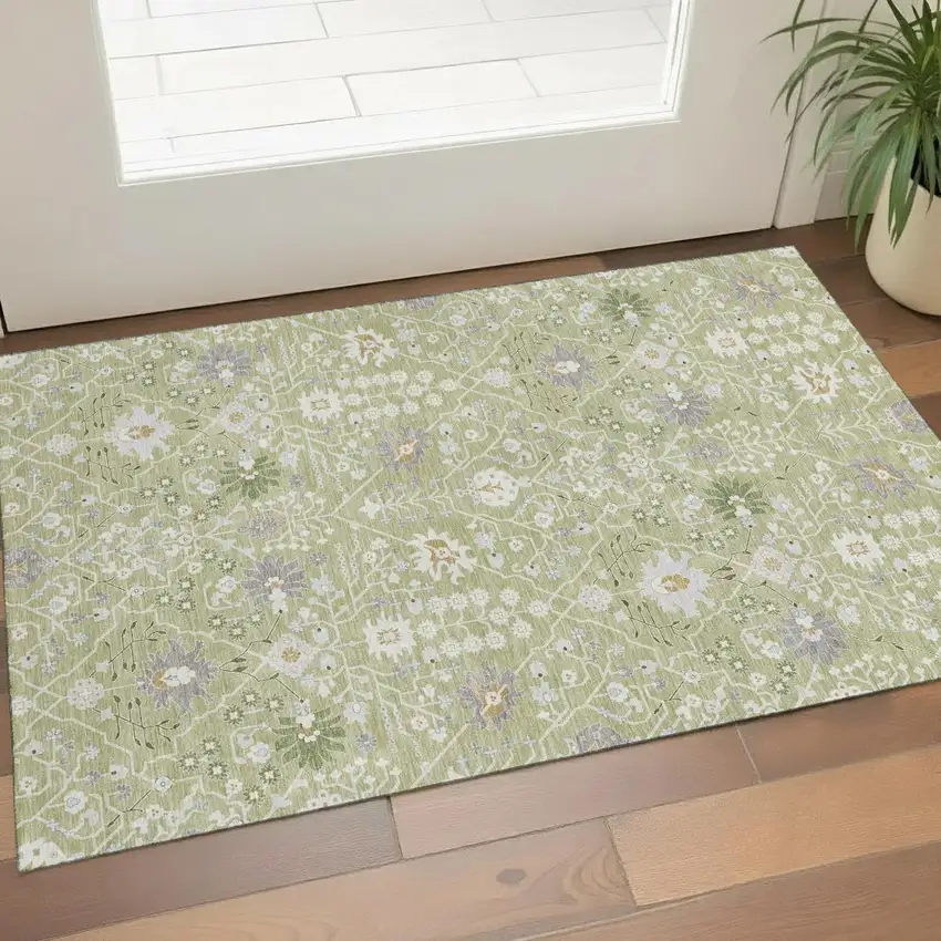 Artichoke Green Gray And Ivory Oriental Washable Area Rug With UV Protection Photo 1