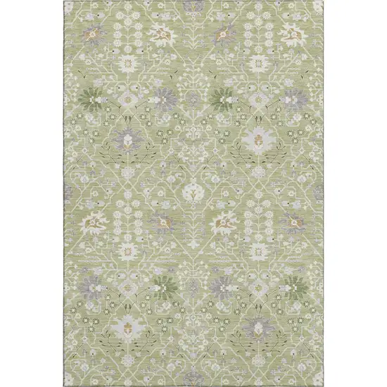 Artichoke Green Gray And Ivory Oriental Washable Area Rug With UV Protection Photo 1