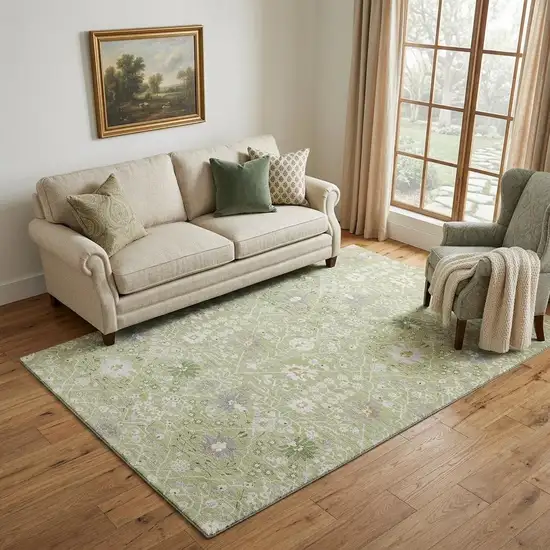 Artichoke Green Gray And Ivory Oriental Washable Area Rug With UV Protection Photo 1