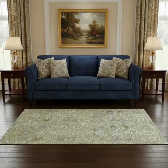 Artichoke Green Gray And Ivory Oriental Washable Area Rug With UV Protection Photo 2