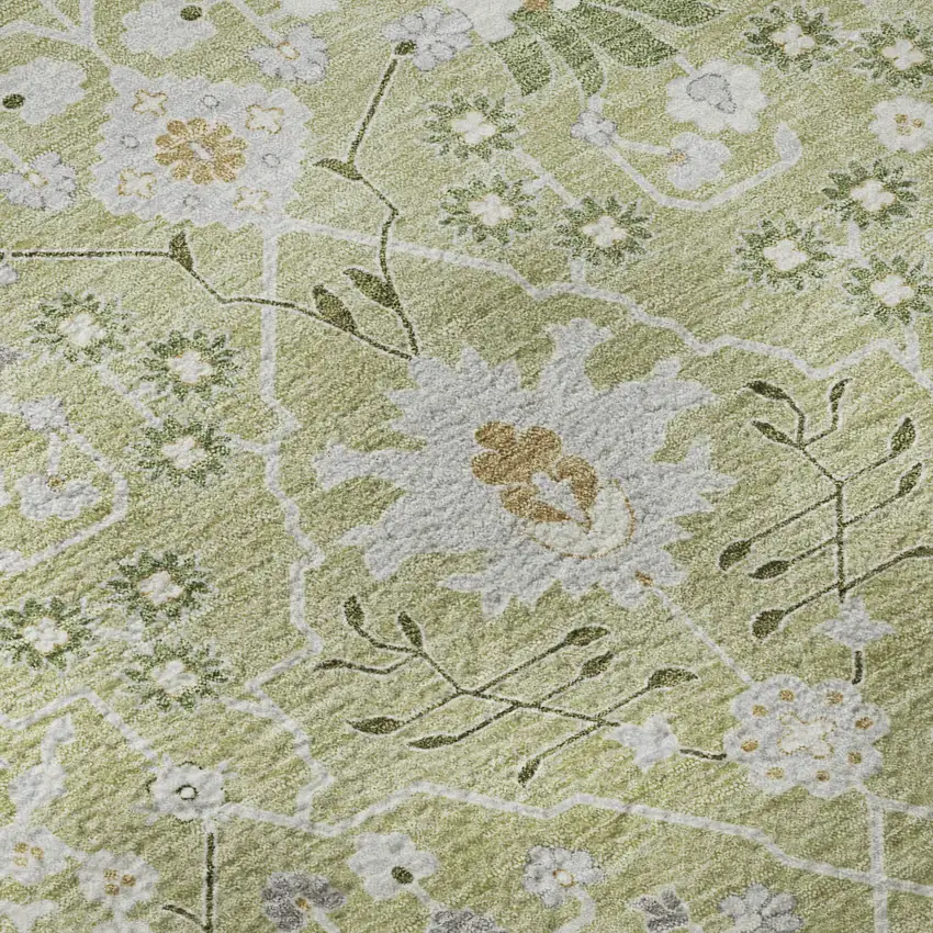 Artichoke Green Gray And Ivory Oriental Washable Area Rug With UV Protection Photo 9