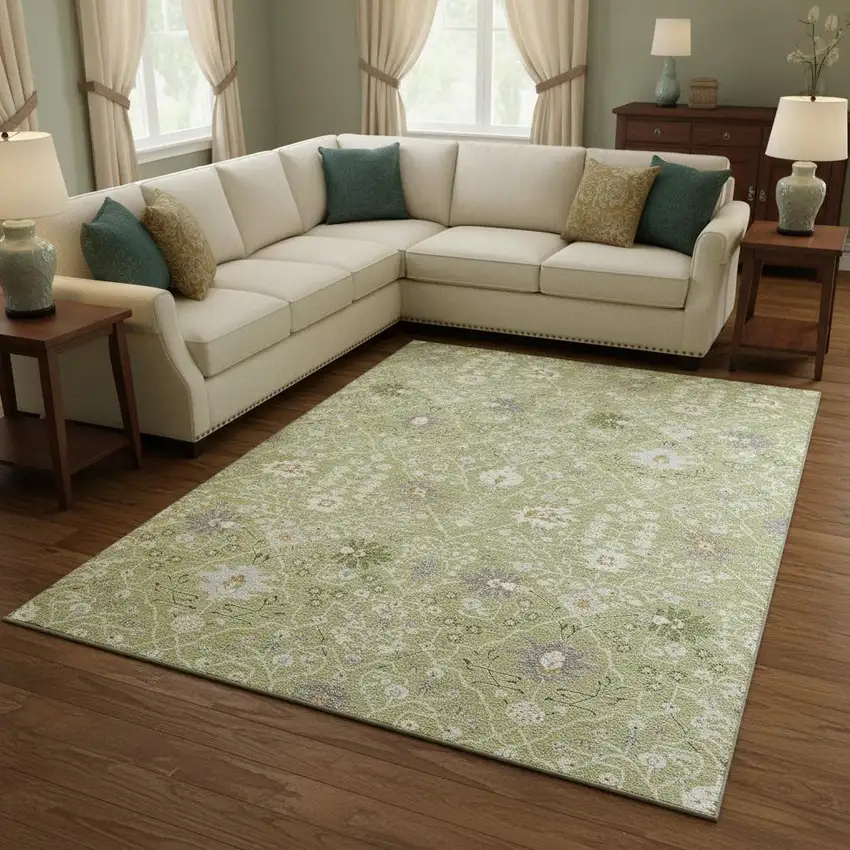 Artichoke Green Gray And Ivory Oriental Washable Area Rug With UV Protection Photo 2