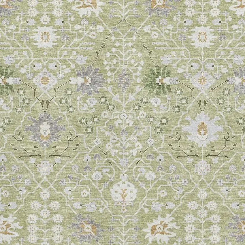 Artichoke Green Gray And Ivory Oriental Washable Area Rug With UV Protection Photo 2