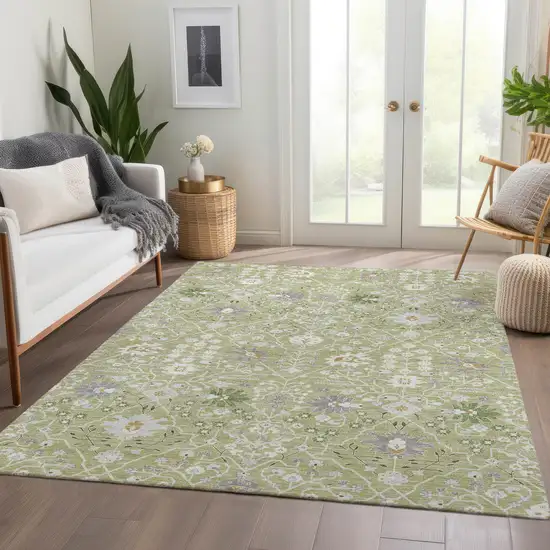 Artichoke Green Gray And Ivory Oriental Washable Area Rug With UV Protection Photo 5