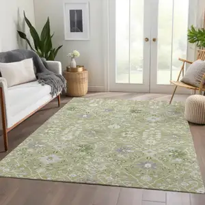 Photo of Artichoke Green Gray And Ivory Oriental Washable Area Rug With UV Protection