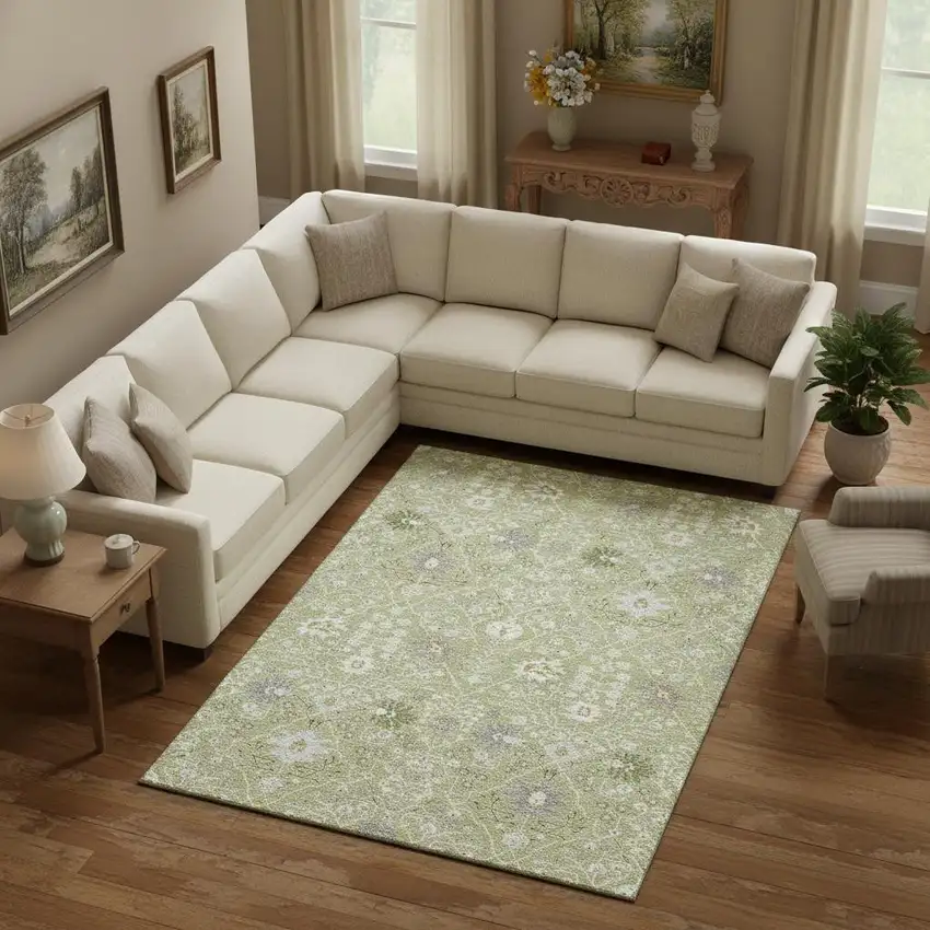 Artichoke Green Gray And Ivory Oriental Washable Area Rug With UV Protection Photo 2