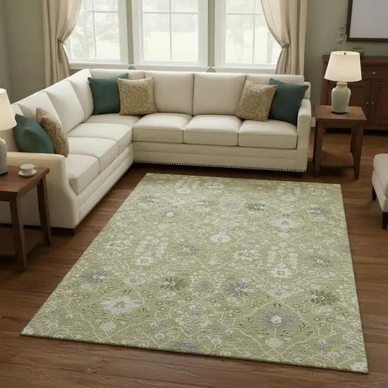 Artichoke Green Gray And Ivory Oriental Washable Area Rug With UV Protection Photo 2