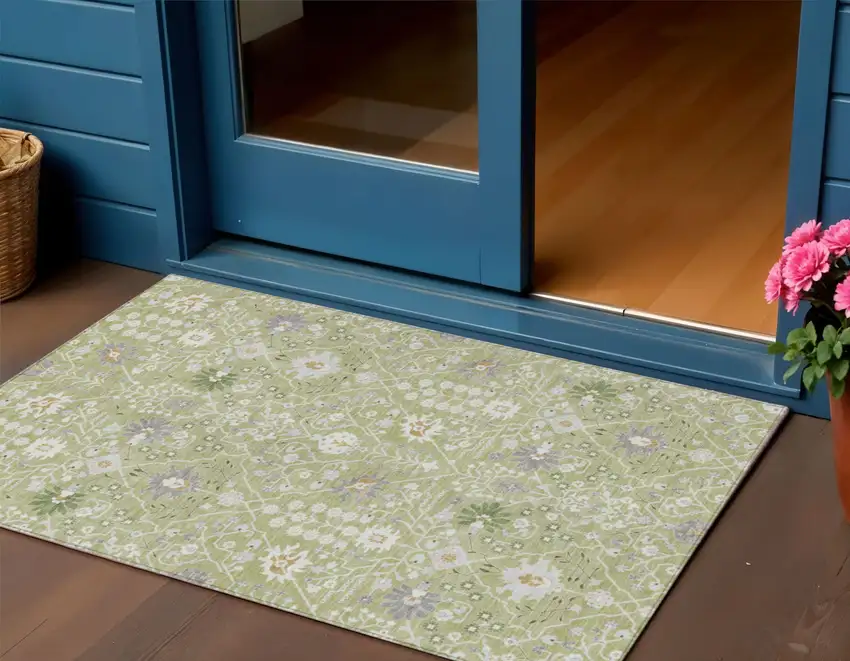 Artichoke Green Gray And Ivory Oriental Washable Indoor Outdoor Area Rug Photo 1