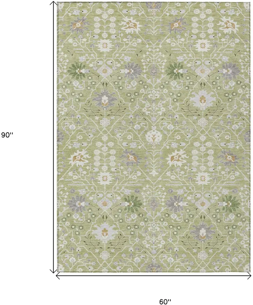 Artichoke Green Gray And Ivory Oriental Washable Indoor Outdoor Area Rug Photo 3