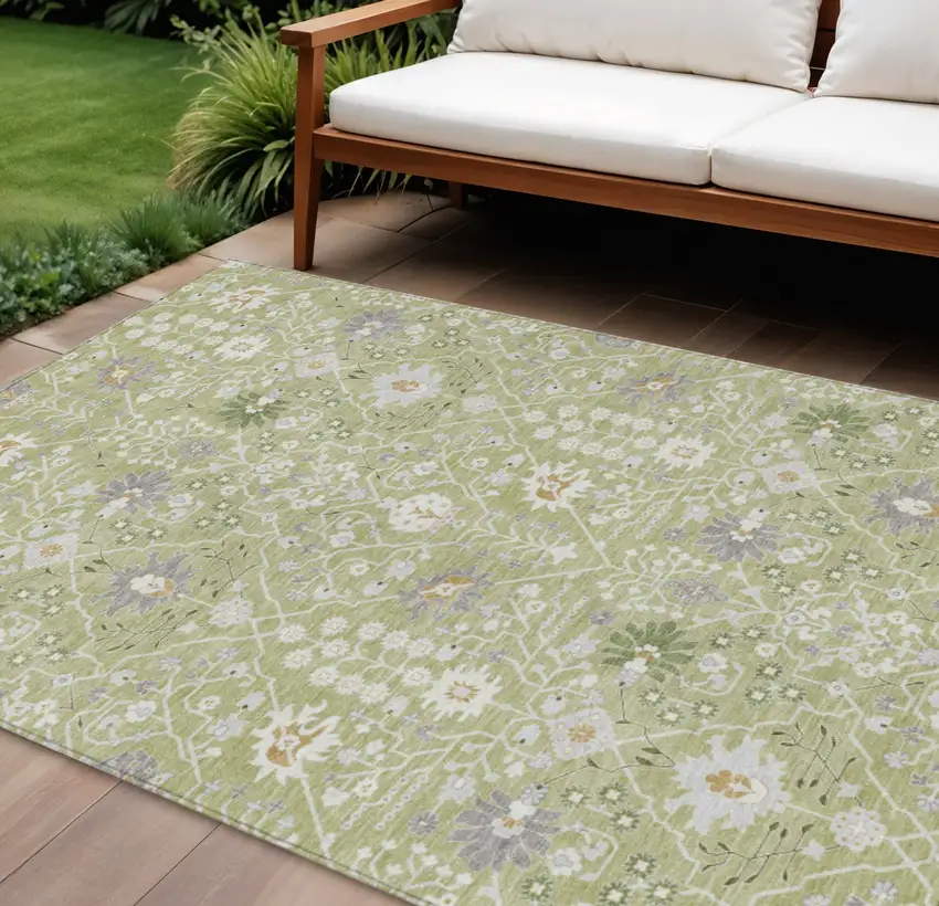 Artichoke Green Gray And Ivory Oriental Washable Indoor Outdoor Area Rug Photo 1
