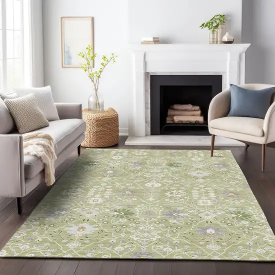 Artichoke Green Gray And Ivory Oriental Washable Indoor Outdoor Area Rug Photo 9