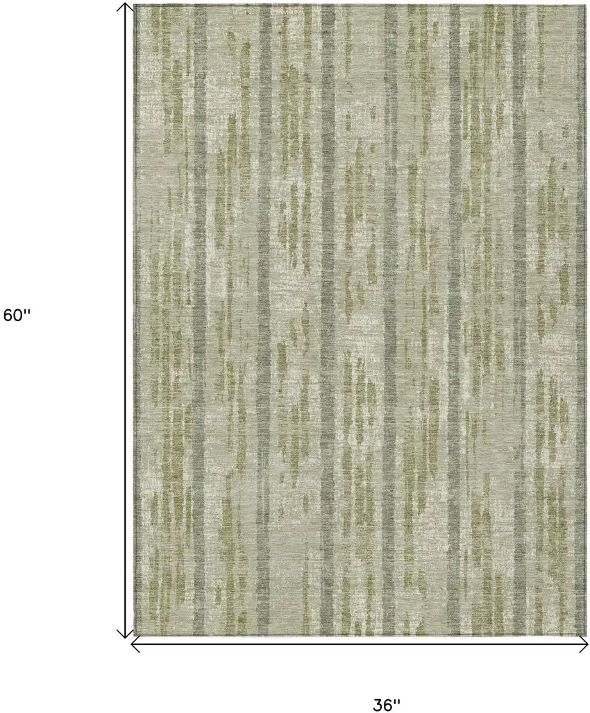 Artichoke Green Gray And Ivory Striped Washable Indoor Outdoor Area Rug Photo 3