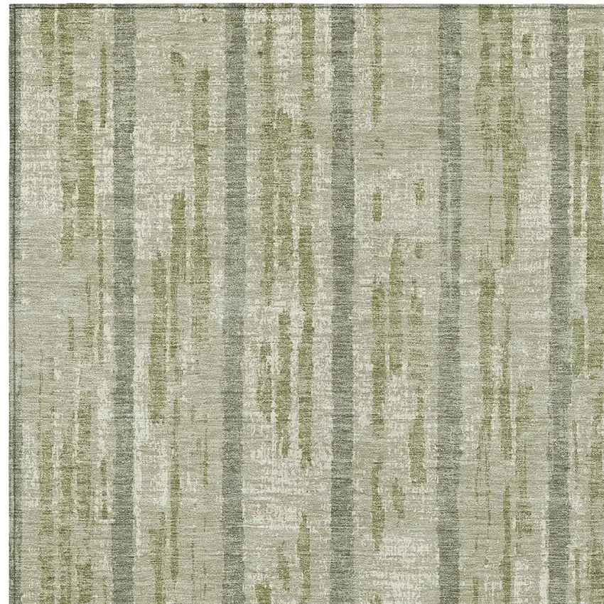 Artichoke Green Gray And Ivory Striped Washable Indoor Outdoor Area Rug Photo 6