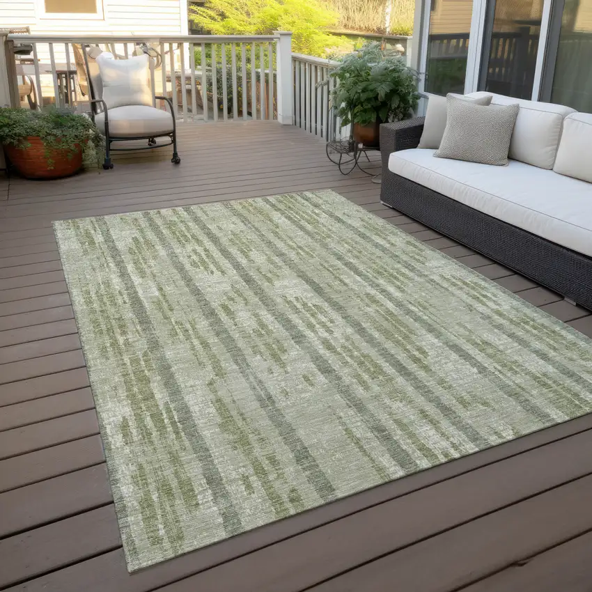 Artichoke Green Gray And Ivory Striped Washable Indoor Outdoor Area Rug Photo 8