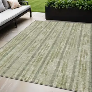 Photo of Artichoke Green Gray And Ivory Striped Washable Indoor Outdoor Area Rug