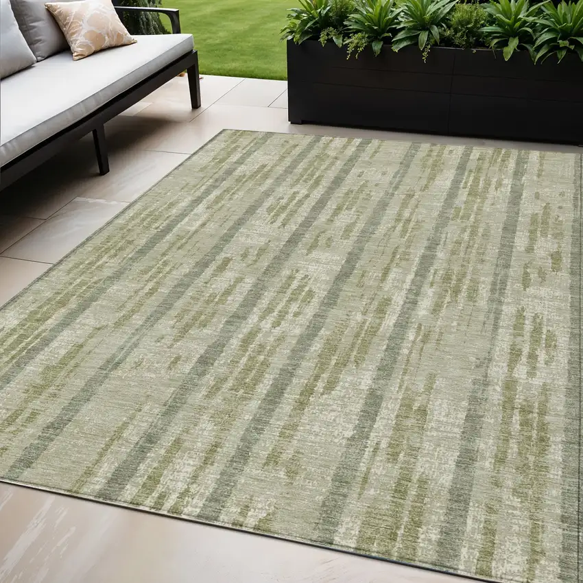 Artichoke Green Gray And Ivory Striped Washable Indoor Outdoor Area Rug Photo 1