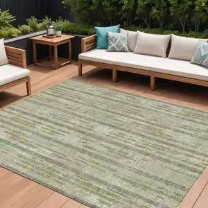 Photo of Artichoke Green Gray And Ivory Striped Washable Indoor Outdoor Area Rug