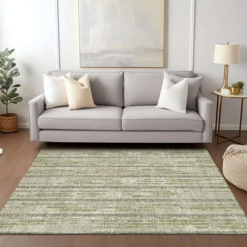 Artichoke Green Gray And Ivory Striped Washable Indoor Outdoor Area Rug Photo 9