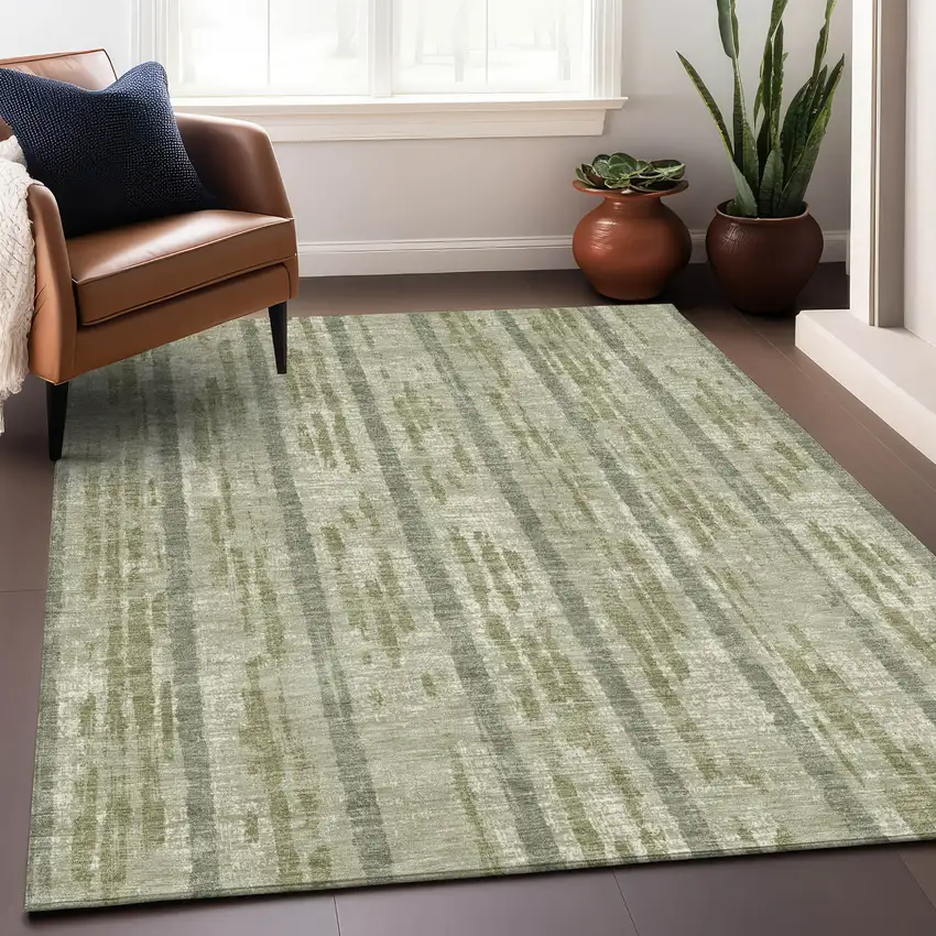 Artichoke Green Gray And Ivory Striped Washable Indoor Outdoor Area Rug Photo 8