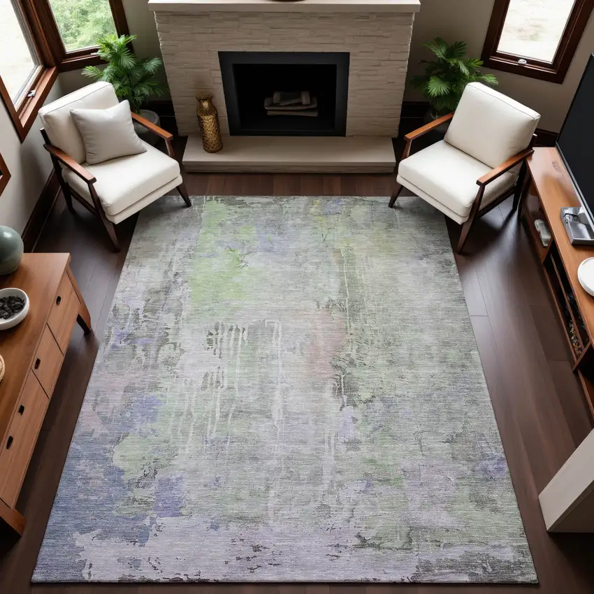Artichoke Green Gray And Purple Abstract Washable Area Rug With UV Protection Photo 4