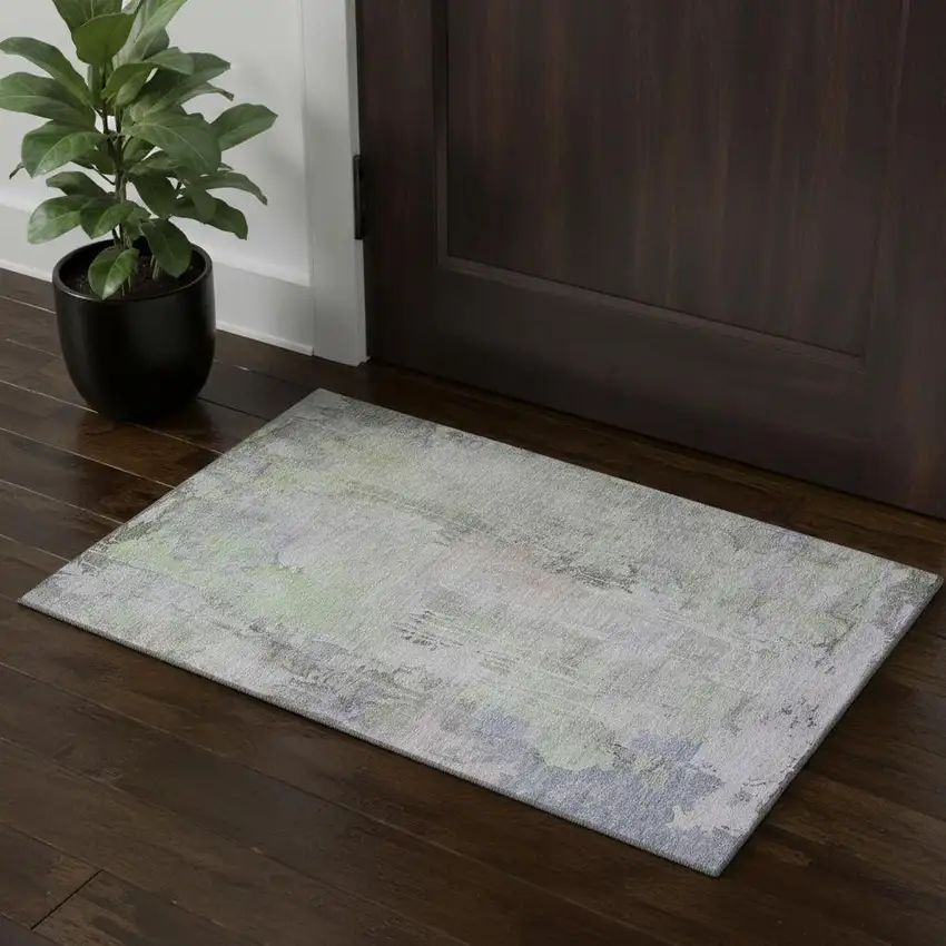 Artichoke Green Gray And Purple Abstract Washable Area Rug With UV Protection Photo 1