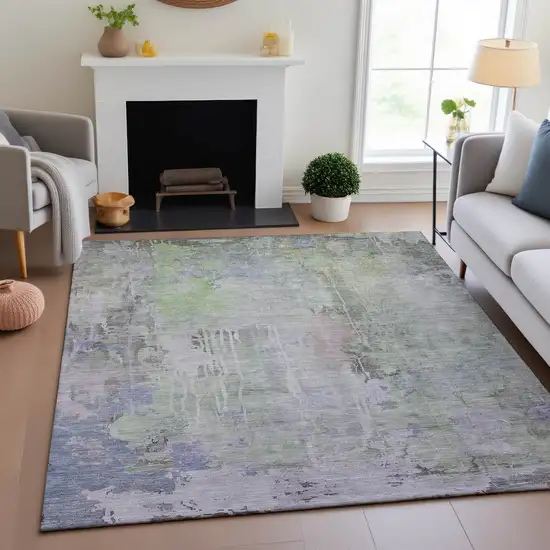 Artichoke Green Gray And Purple Abstract Washable Area Rug With UV Protection Photo 2