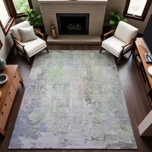 Photo of Artichoke Green Gray And Purple Abstract Washable Area Rug With UV Protection