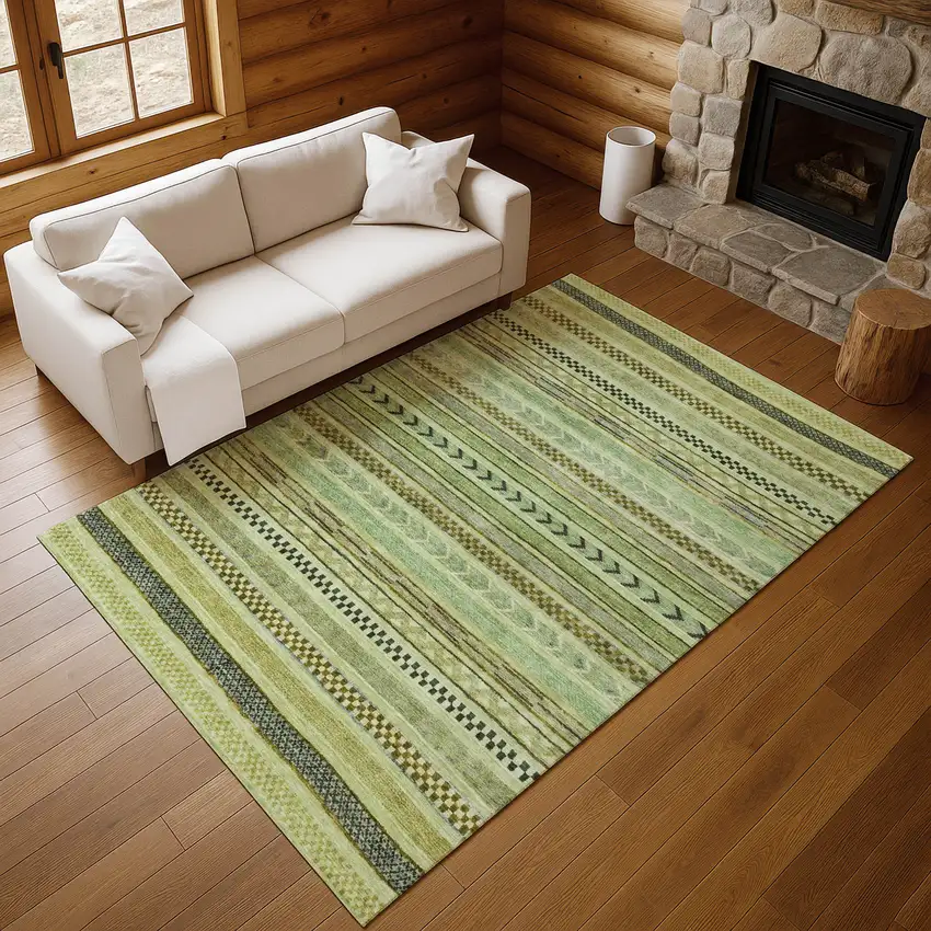 Artichoke Green Gray And Sage Striped Washable Area Rug With UV Protection Photo 5