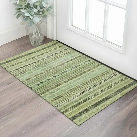 Artichoke Green Gray And Sage Striped Washable Area Rug With UV Protection Photo 2