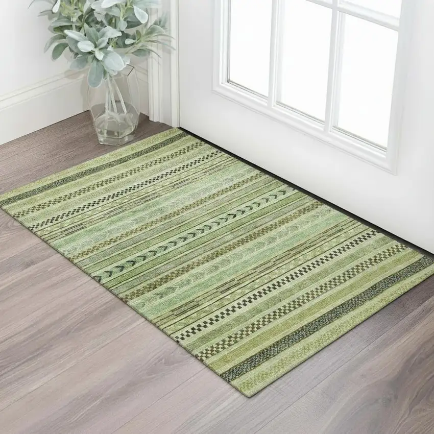 Artichoke Green Gray And Sage Striped Washable Area Rug With UV Protection Photo 2
