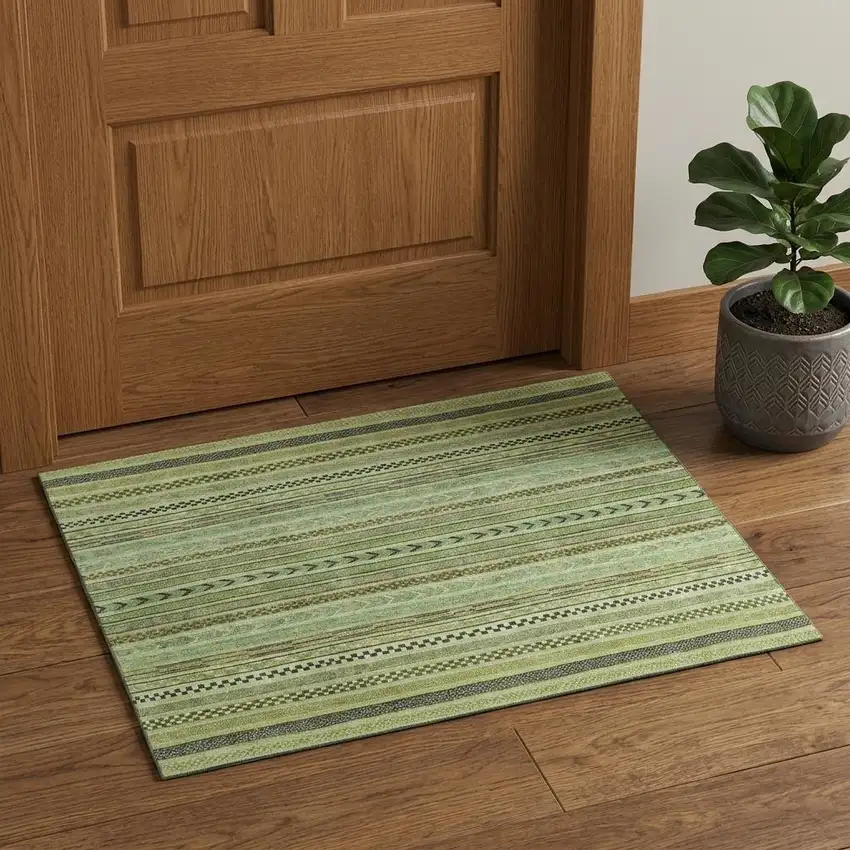 Artichoke Green Gray And Sage Striped Washable Area Rug With UV Protection Photo 1