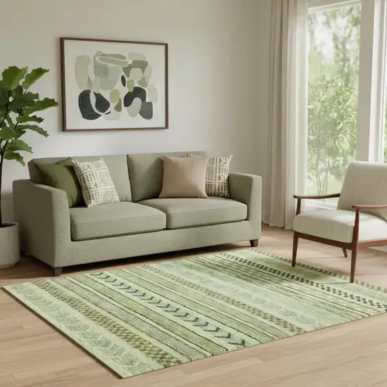 Artichoke Green Gray And Sage Striped Washable Area Rug With UV Protection Photo 2