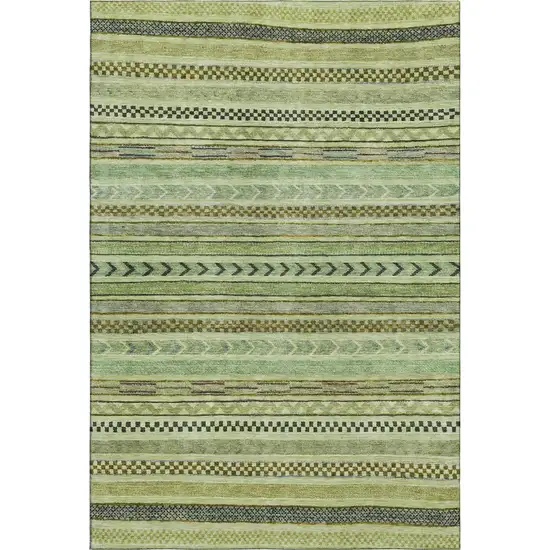 Artichoke Green Gray And Sage Striped Washable Area Rug With UV Protection Photo 1